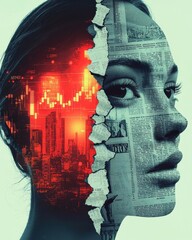 Poster - Split human face glowing one side abstract expression digital art conceptual space side view artistic representation of duality