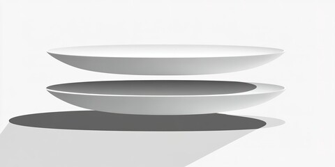 Poster - Floating white plates cast soft shadows in minimalist design, showcasing modern simplicity and elegance in a bright setting