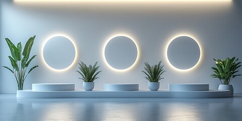 Poster - Modern interior design featuring illuminated circular displays and greenery in a stylish minimalist space