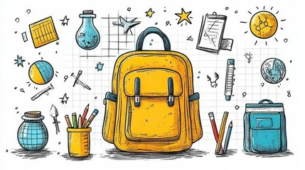 Poster - back to school online school banner poster yellow backpack with school supplies on the background of a checkered paper with different doodle scientific icons illustratio