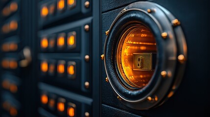 Poster - bank safe deposit boxes in black and orange there is an open door and a gold ba