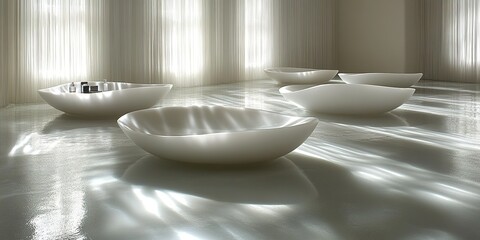 Poster - Elegant white sculptural bowls arranged in a modern, minimalist gallery space with soft lighting