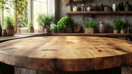 Aufkleber - beautiful round wood tabletop counter inside empty with a bright clean kitchen background ideal for banners and product montage displays