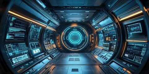 Poster - Futuristic control room with glowing screens and circular window in a sci-fi setting