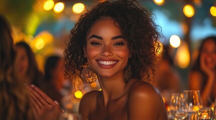 Poster - beautiful woman clapping hands while sitting at dinner table with friends female at a gala dinner party with people at dining tabl