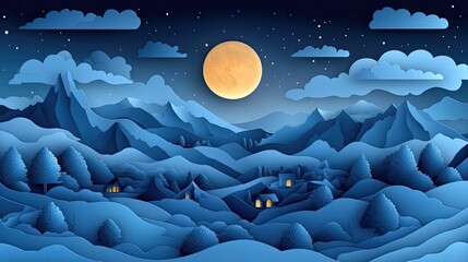 Aufkleber - bethlehem night landscape with moon and mountains paper art style illustration