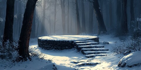 Poster - snow-covered stone platform in an enchanting winter forest surrounded by tall trees at dusk