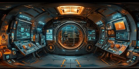 Poster - Futuristic control room with glowing interfaces and high-tech designs in a space environment