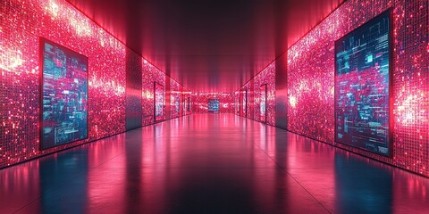 Poster - Digital art installation featuring vibrant red lights and dynamic visuals in a modern exhibition space