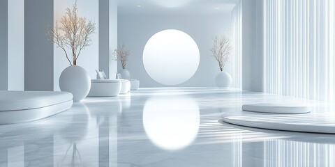 Poster - Modern minimalist interior with large round window and elegant decor in soft lighting