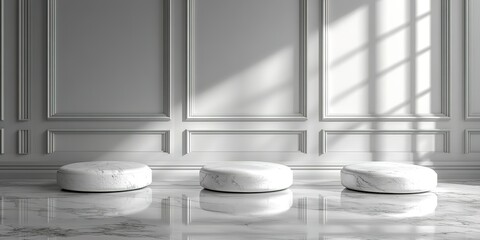 Poster - Modern minimalist interior design featuring three round stone seats in a well-lit room