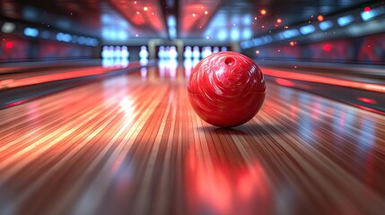 Poster - bright cartoon of a bowling ball in a bowling alley smashing pin