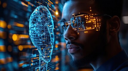Poster - businessman using technology ai for working tools chat bot chat with ai using technology smart robot ai artificial intelligence to generate something or help solve work problem
