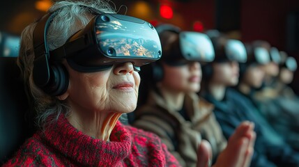 Poster - cinema style all students are wearing vr headsets their expressions are in surprise an attractive old female teacher uses virtual reality and a special hand gesture to open the geological histor