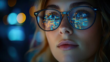 Poster - close up and personal view of a person wearing glasses and a reflection of a computer screen showing a stock market chart are visibl