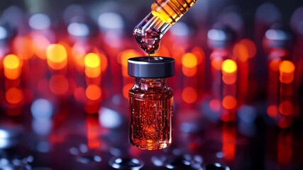 Poster - Red liquid drops into a vial, representing precision and medical research with vivid lighting