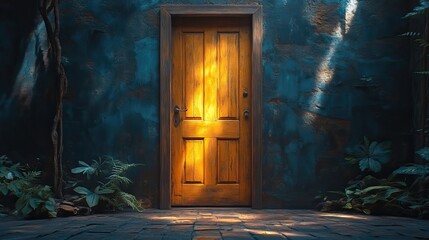 Poster - closed door in a dark room the light shone on the doo