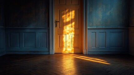 Fototapete - closed door in a dark room the light shone on the doo