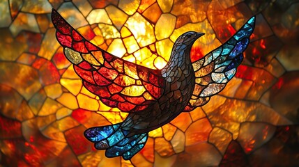Poster - colorful stained glass winged dove a representation of the new testament holy spirit