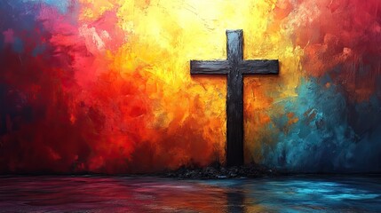 Aufkleber - cross of jesus christ with shroud on abstract colorful paint background digital illustration