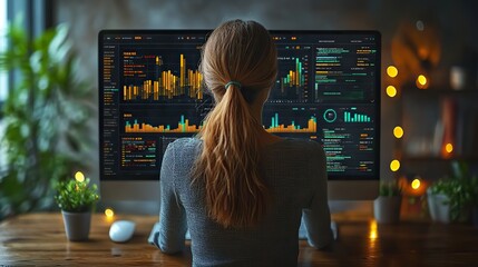 Poster - data analysis with website information woman with server or investment investor and employe