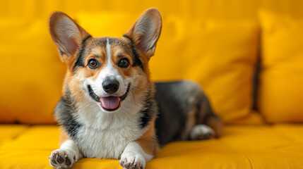 Wall Mural - Beautiful cute Corgi dog on a bright background