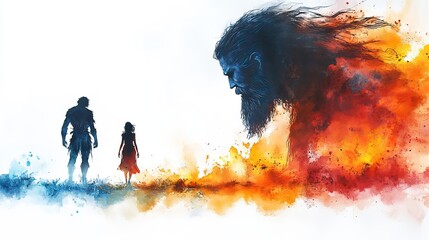 Aufkleber - david and goliath white background with watercolor splashes and silhouettes of a man and a giant