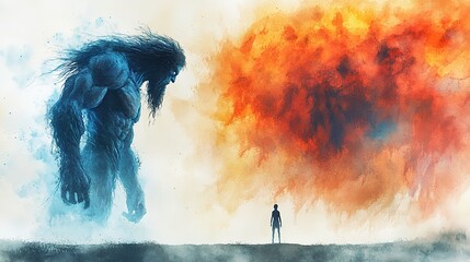 Poster - david and goliath white background with watercolor splashes and silhouettes of a man and a giant