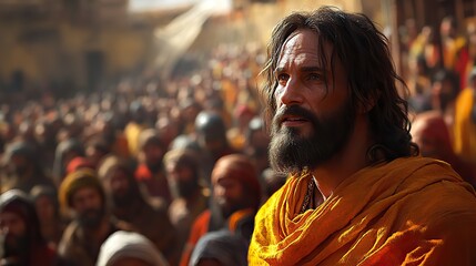 Aufkleber - digital painting of jesus preaching to a crowd of followers