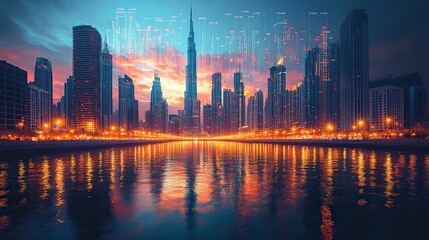 Poster - downtown dubai s business skyscrapers western asia s international center for finance and trade concept of forex charts and graphs double exposure dubai canal waterfron