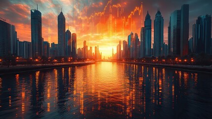 Poster - downtown dubai s business skyscrapers western asia s international center for finance and trade concept of forex charts and graphs double exposure dubai canal waterfron