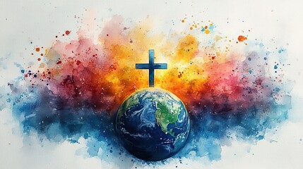 Canvas Print - earth and cross on a white background with watercolor splashes watercolor digital painting
