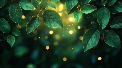 Poster - emerald foliage forest leaves background green garden trees wedding invitation bokeh lights ar