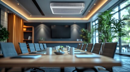 Poster - excellent 4k projector mounted in the conference room ceiling with ample copy space projector during a lecture or business conference for training centers and office