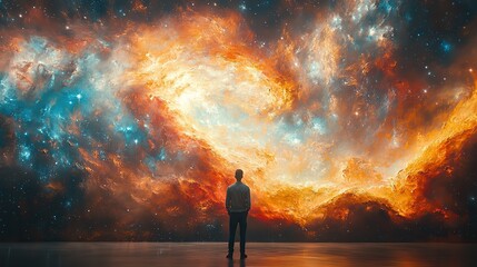 Poster - faith heavenly background man looking at abstract painting of the heavens on wall in art gallery rear view