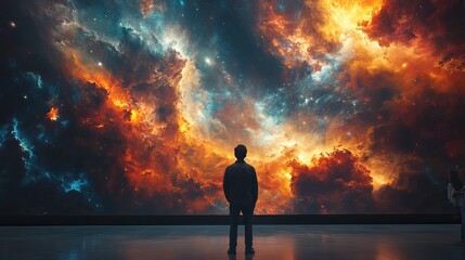 Poster - faith heavenly background man looking at abstract painting of the heavens on wall in art gallery rear view