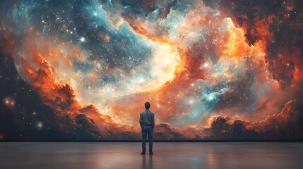 Poster - faith heavenly background man looking at abstract painting of the heavens on wall in art gallery rear view