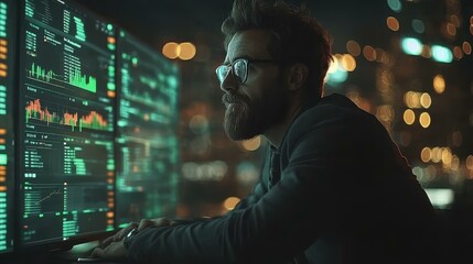 Code Review Workshop. Young male programmer coding on multiple monitors late night, technology development, software engineering, data analysis, futuristic office environment, focused work, digital i