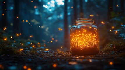 Poster - fireflies and forest in a jar black backgroun