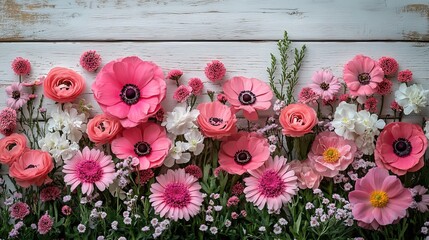 Poster - flowers in pink and white with a white wooden backdrop