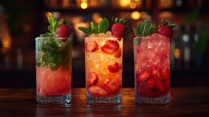 Poster - fresh strawberry mojito drinks there are three drinks on a vintage wooden dark table cocktails or mocktails are garnished with strawberries and fresh mint copy space room for tex