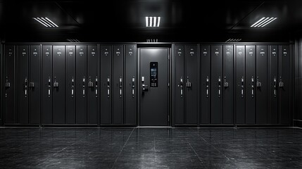Poster - front face of modern monochromatic gym locker door with a digital lock panel close flat front view angl