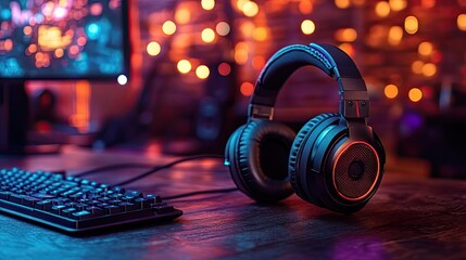 Aufkleber - gaming headphones on the background of a computer game neon light