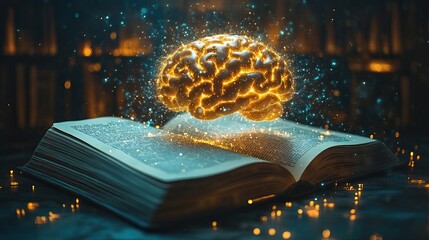 Poster - glowing virtual brain floats above an open book with leaning icons on dark background which is a symbol of study a knowledge will help solve problem and solution concep