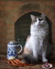 Wall Mural - Funny cat and crab claws on the kitchen table