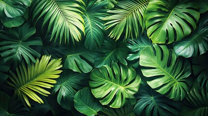 Poster - green leaves background green tropical monstera leaves palm leaves coconut leaf fern palm leaf banana leaf panoramic background nature concep