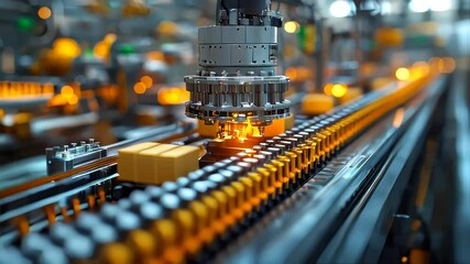 Poster - Close-up of an automated industrial machine on a production line with glowing components, showcasing modern manufacturing technology
