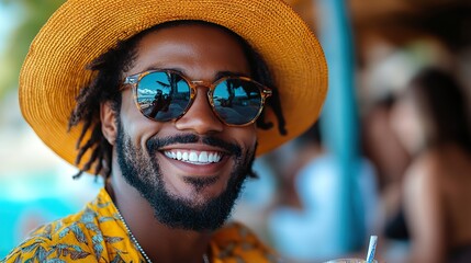 Aufkleber - happy african american man in sunglasses drinking cocktail on the beach summer vibes