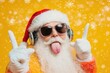 © ZMPixels - Close up photo of crazy funny hipster santa claus show horns sign tongue-out want rock-and-roll concert instead x-mas tradition celebration wear hat trendy suspenders isolated yellow color background