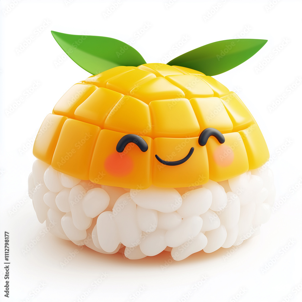 mango sticky rice with a smiling face on the rice, in a 3D icon style ...
